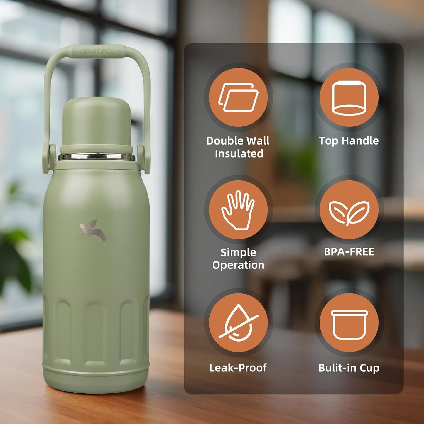 27oz Thermos for Cold Drinks, Insulated Water Bottle, Blue Haze | Stainless steel, BPA-free. Keeps hot 12h, cold 24h. Leak-proof with handle, strap & cup lid for coffee, tea, travel, outdoor