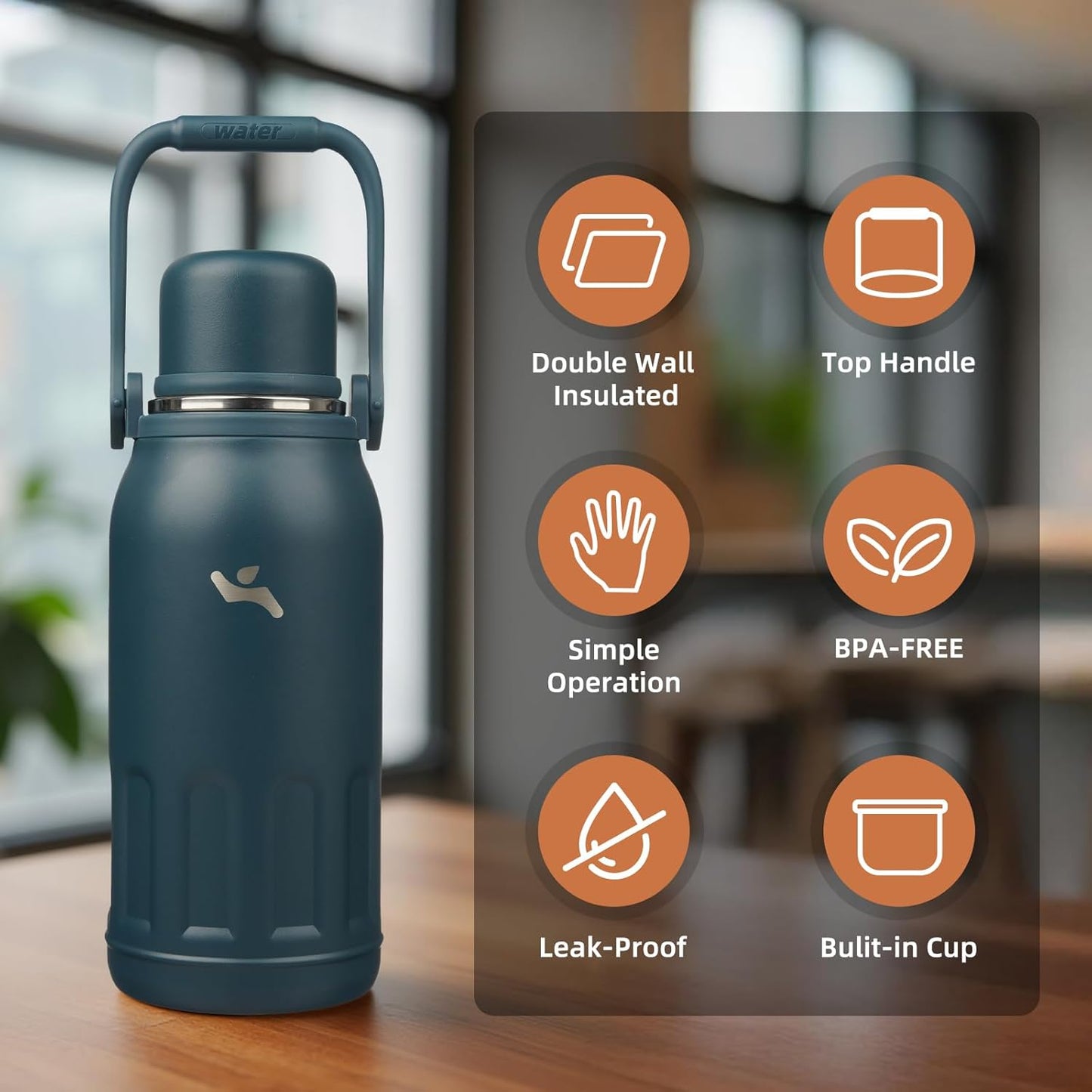 27oz Thermos for Cold Drinks, Insulated Water Bottle, Blue Haze | Stainless steel, BPA-free. Keeps hot 12h, cold 24h. Leak-proof with handle, strap & cup lid for coffee, tea, travel, outdoor