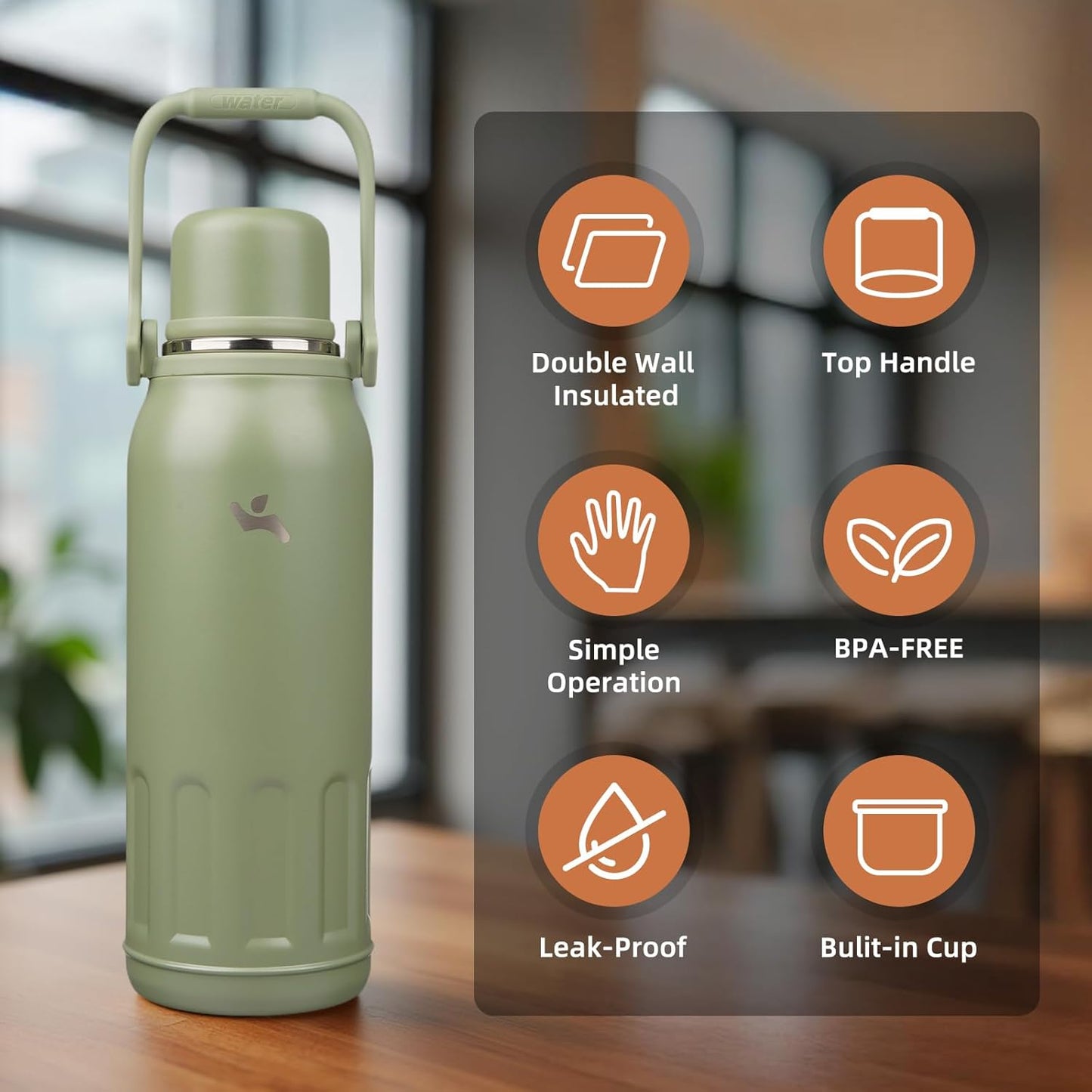 27oz Thermos for Cold Drinks, Insulated Water Bottle, Blue Haze | Stainless steel, BPA-free. Keeps hot 12h, cold 24h. Leak-proof with handle, strap & cup lid for coffee, tea, travel, outdoor