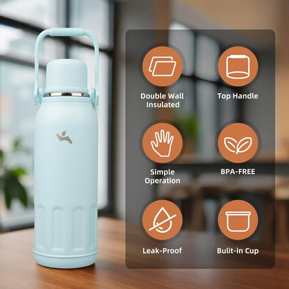 27oz Thermos for Cold Drinks, Insulated Water Bottle, Blue Haze | Stainless steel, BPA-free. Keeps hot 12h, cold 24h. Leak-proof with handle, strap & cup lid for coffee, tea, travel, outdoor