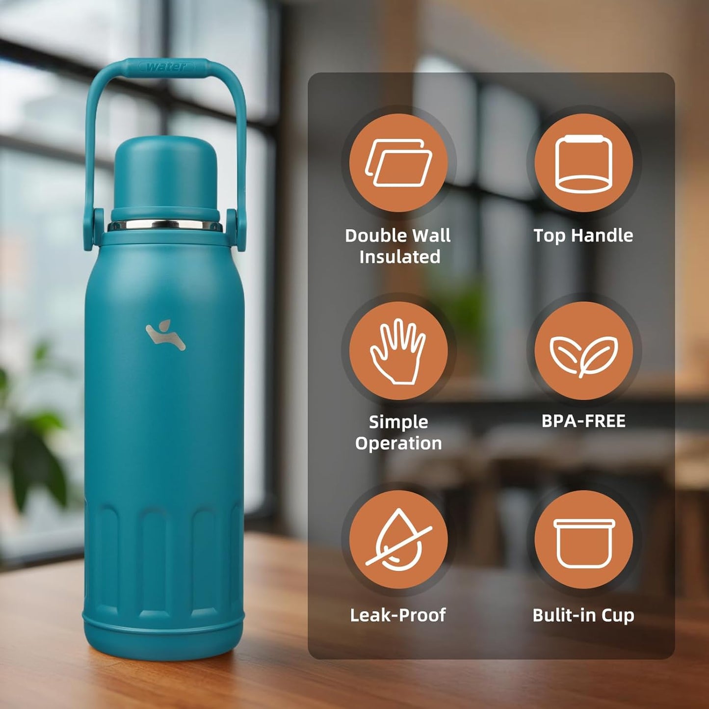 27oz Thermos for Cold Drinks, Insulated Water Bottle, Blue Haze | Stainless steel, BPA-free. Keeps hot 12h, cold 24h. Leak-proof with handle, strap & cup lid for coffee, tea, travel, outdoor