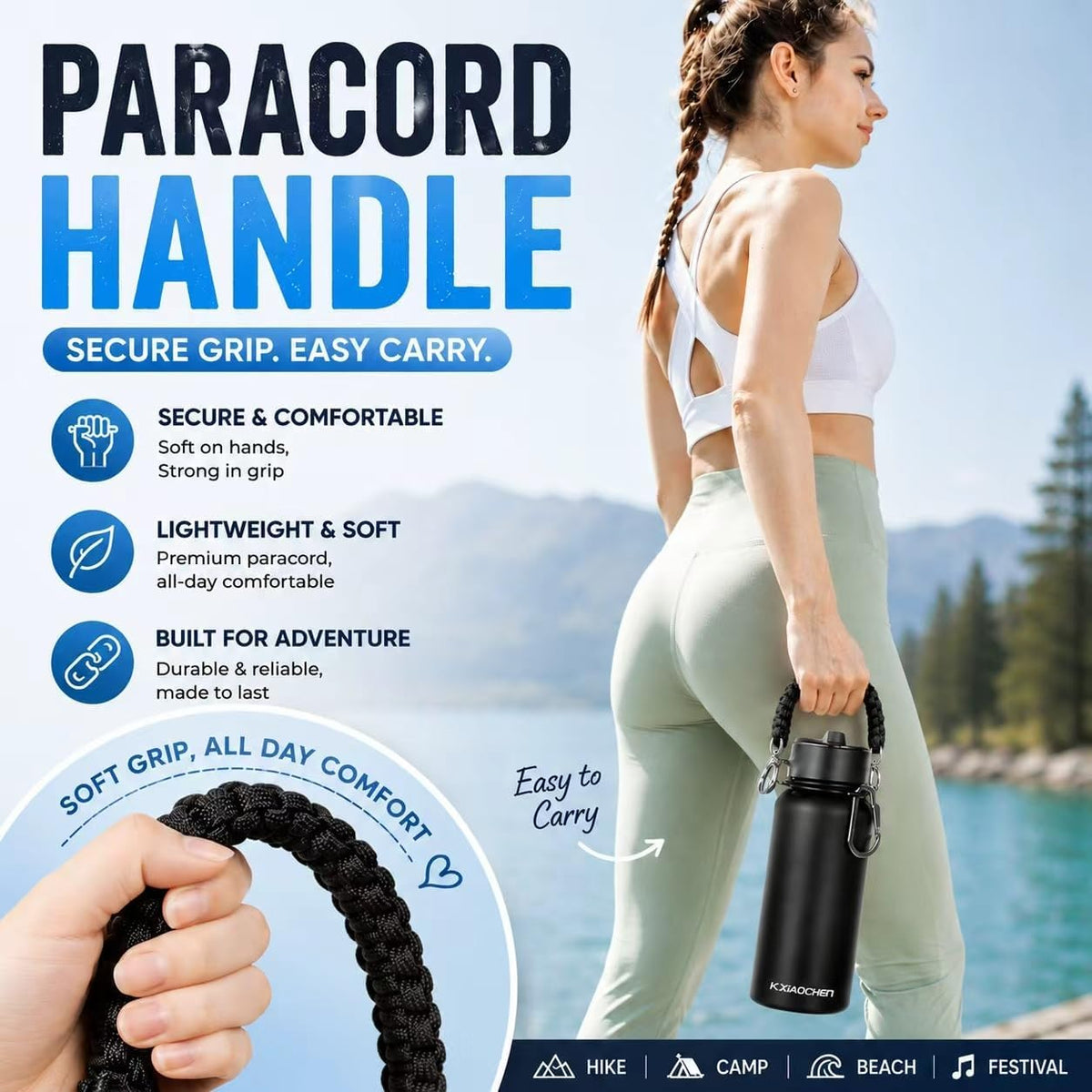Insulated Water Bottle with Strap, 48-Hour Cold, 2 Lids