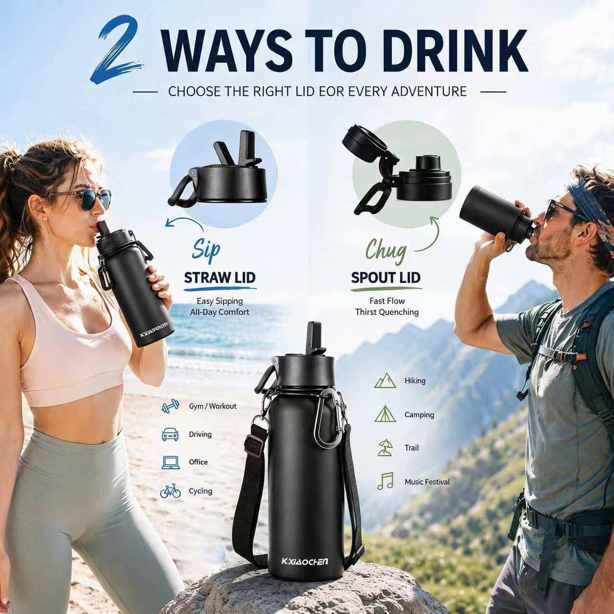 Insulated Water Bottle with Strap, 48-Hour Cold, 2 Lids