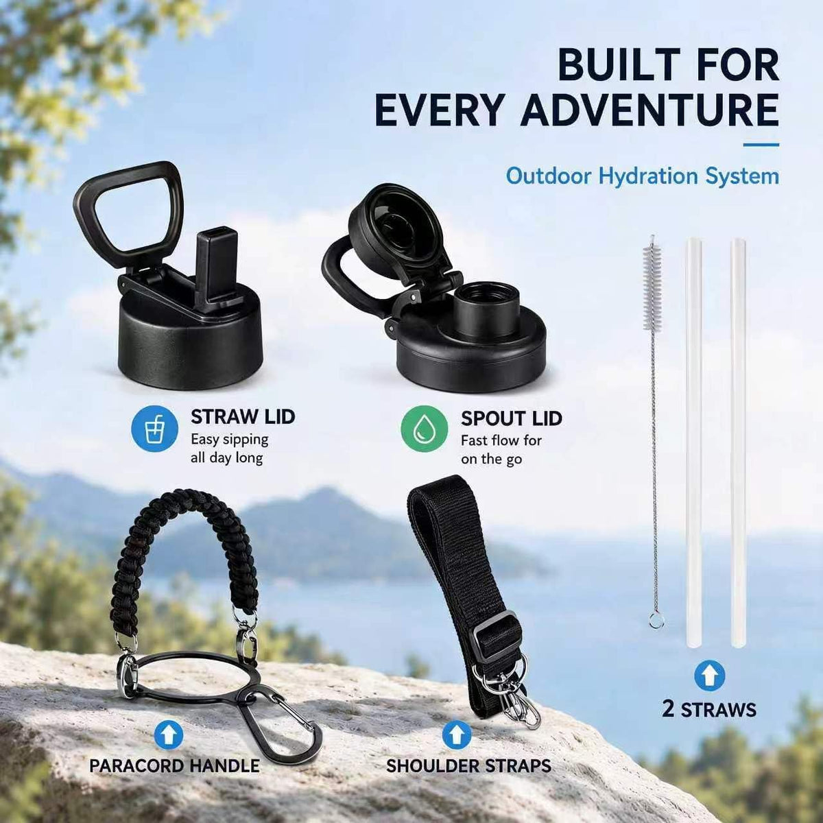 Insulated Water Bottle with Strap, 48-Hour Cold, 2 Lids