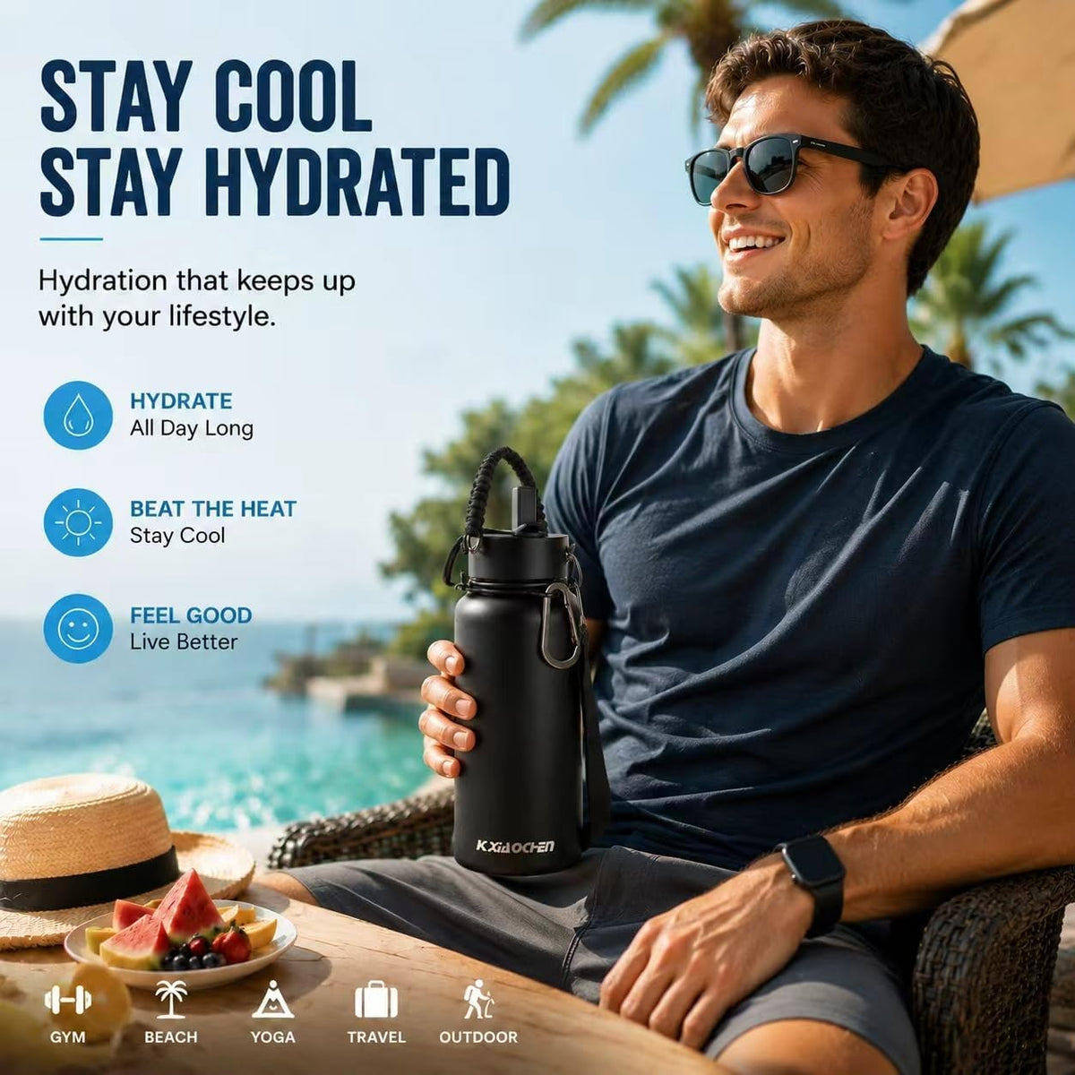 Insulated Water Bottle with Strap, 48-Hour Cold, 2 Lids