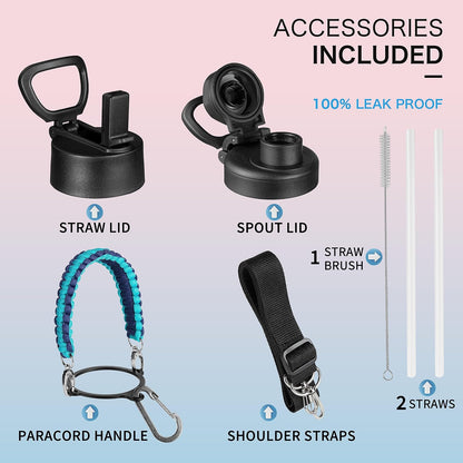 Insulated Water Bottle with Strap, 48-Hour Cold, 2 Lids