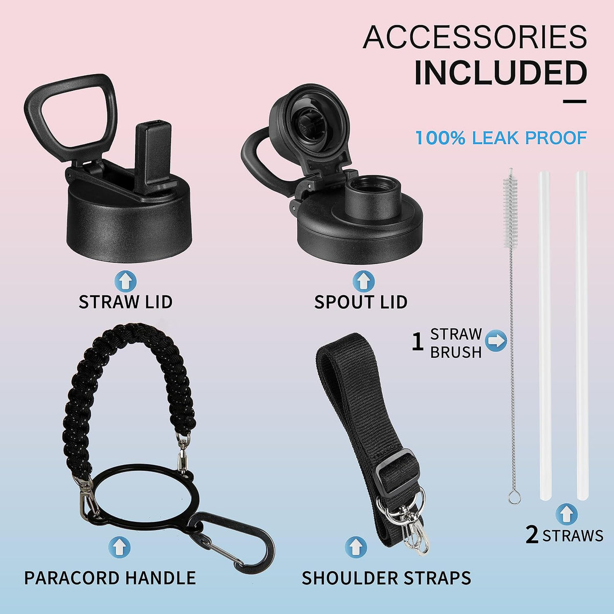 Insulated Water Bottle with Strap, 48-Hour Cold, 2 Lids