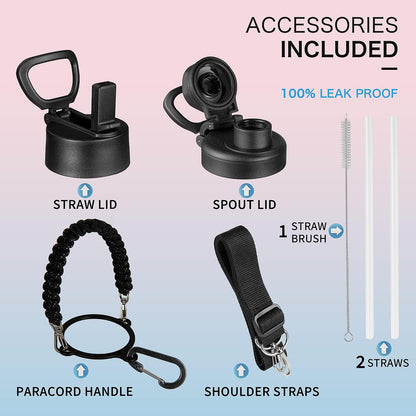 Insulated Water Bottle with Strap, 48-Hour Cold, 2 Lids