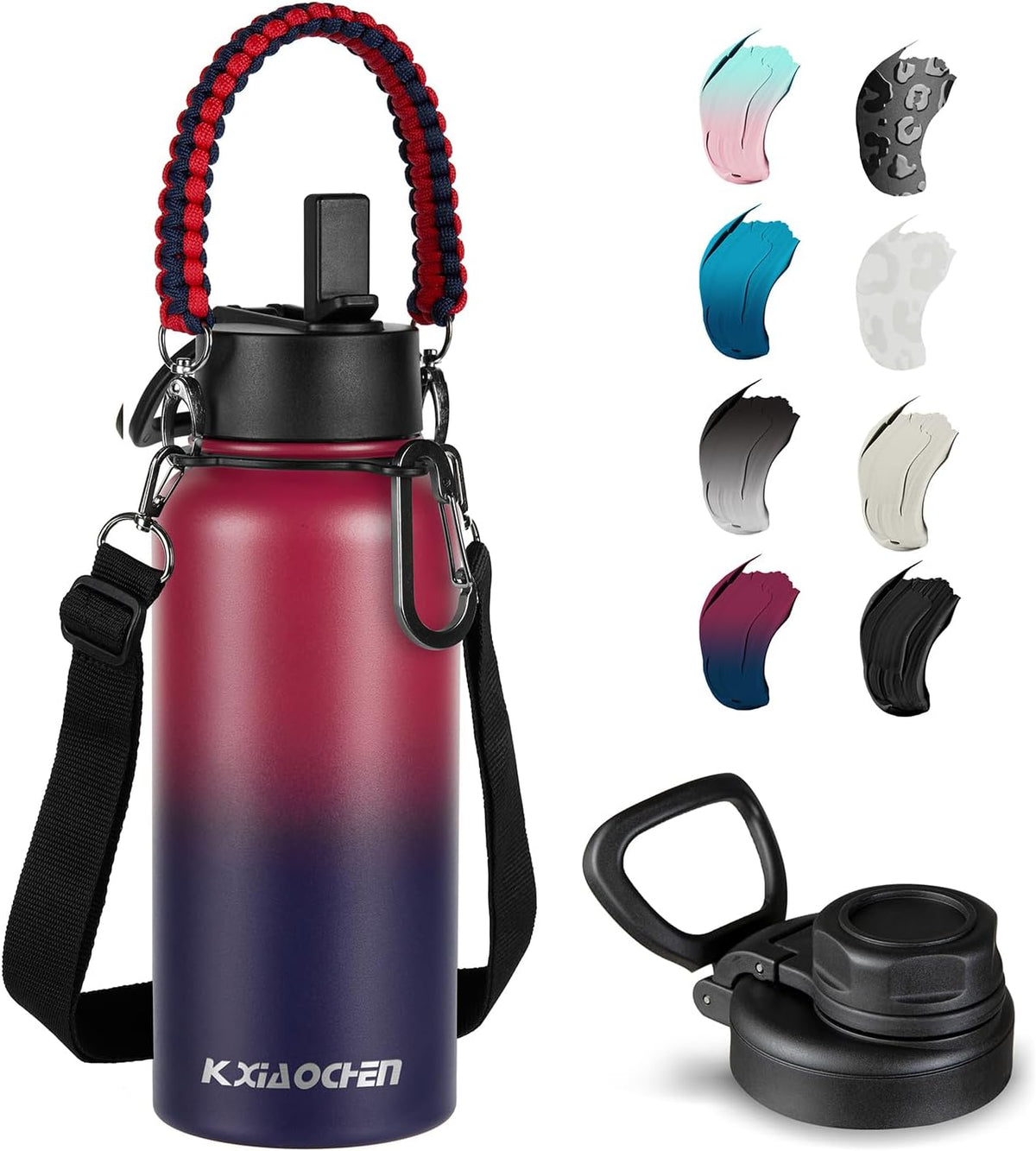 Insulated Water Bottle with Strap, 48-Hour Cold, 2 Lids