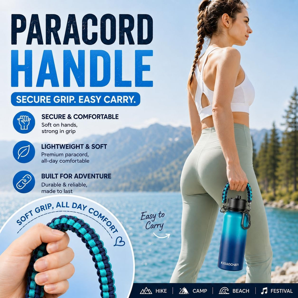 Insulated Water Bottle with Strap, 48-Hour Cold, 2 Lids