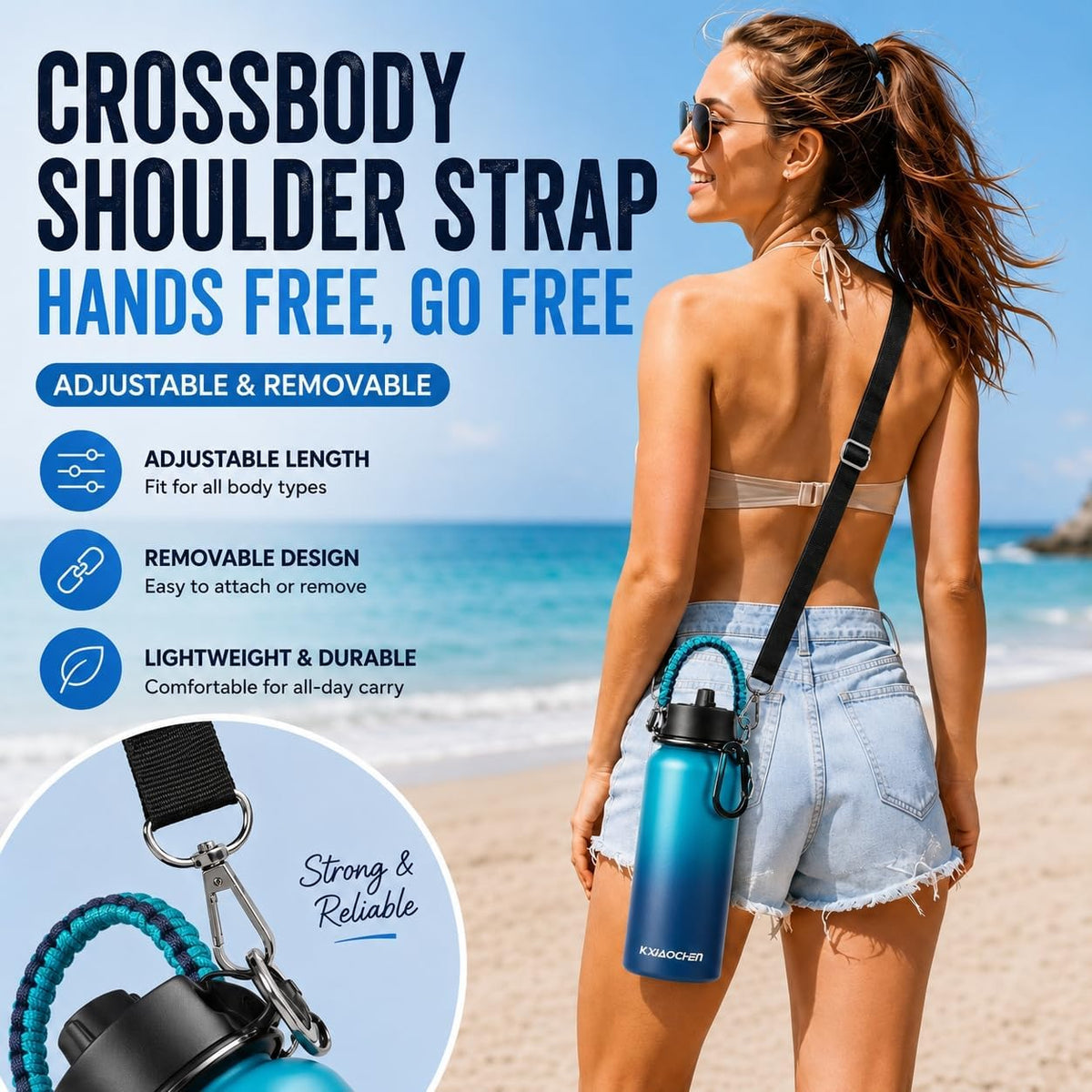 Insulated Water Bottle with Strap, 48-Hour Cold, 2 Lids