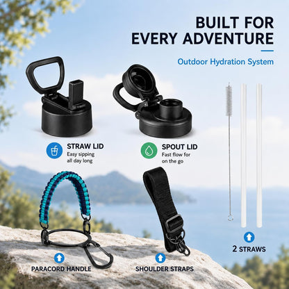 Insulated Water Bottle with Strap, 48-Hour Cold, 2 Lids