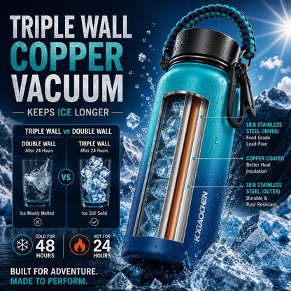 Insulated Water Bottle with Strap, 48-Hour Cold, 2 Lids