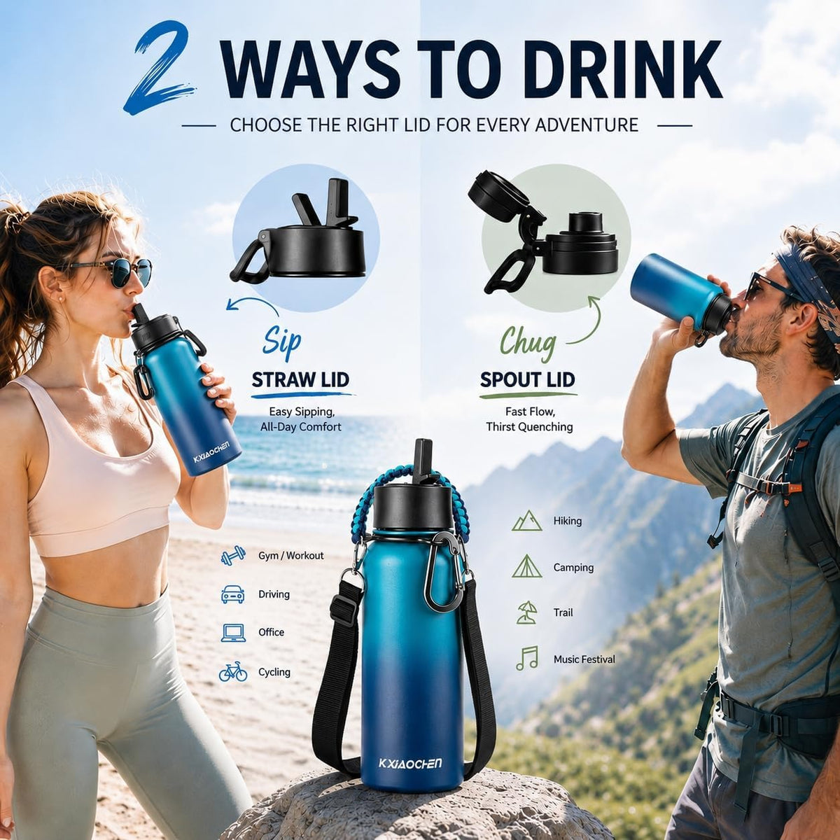 Insulated Water Bottle with Strap, 48-Hour Cold, 2 Lids