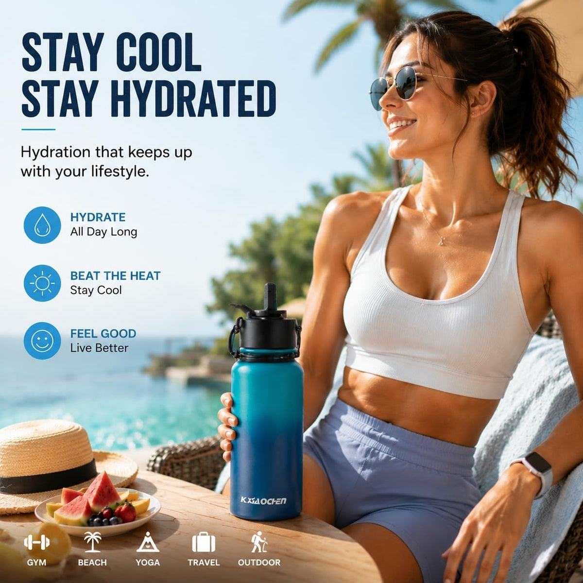 Insulated Water Bottle with Strap, 48-Hour Cold, 2 Lids