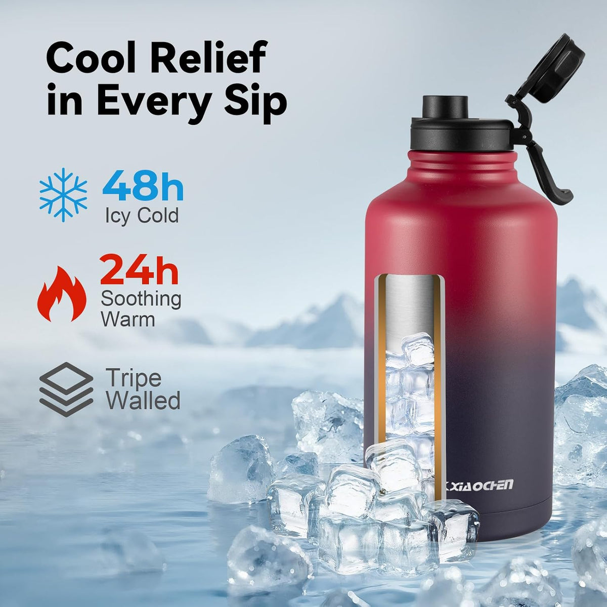 Insulated Water Bottle with Strap, 48-Hour Cold, 2 Lids