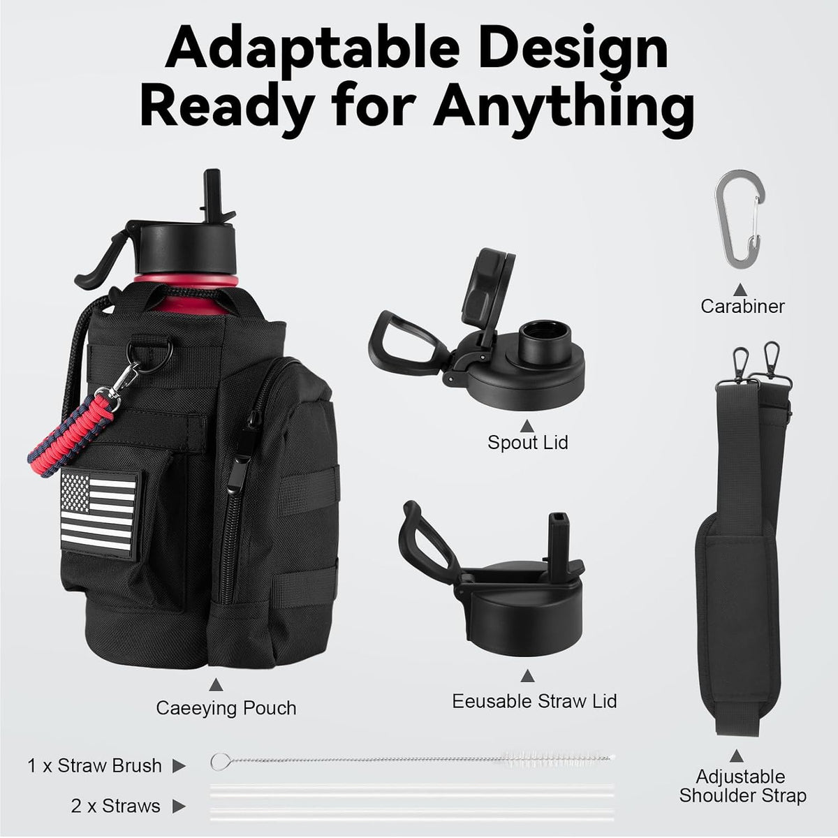 Insulated Water Bottle with Strap, 48-Hour Cold, 2 Lids