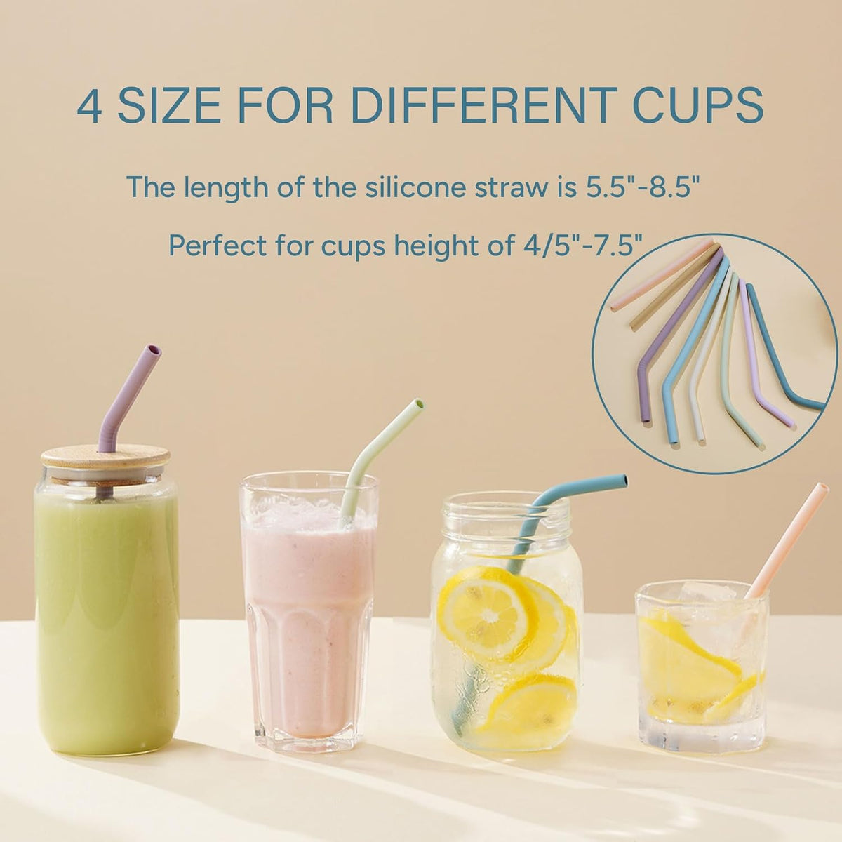 4-Size Reusable Silicone Straws with Travel Keychain Cases-Portable Collapsible For Cruise Ships, Short-Long Size For 4-20 oz Tumblers,Kids Toddlers Adults, Standard&Wide For Regular Liquid&Smoothie