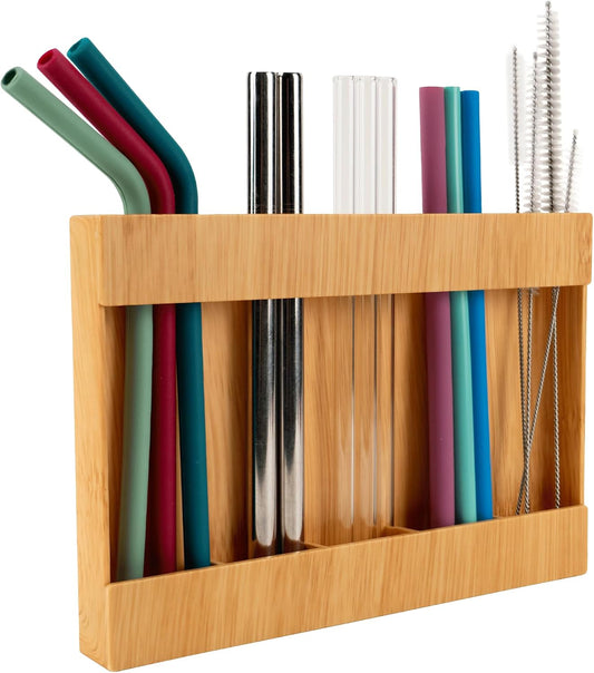 AURA Straw Holder Cabinet Organizer, 9.5" x 6.5", Plastic Bamboo