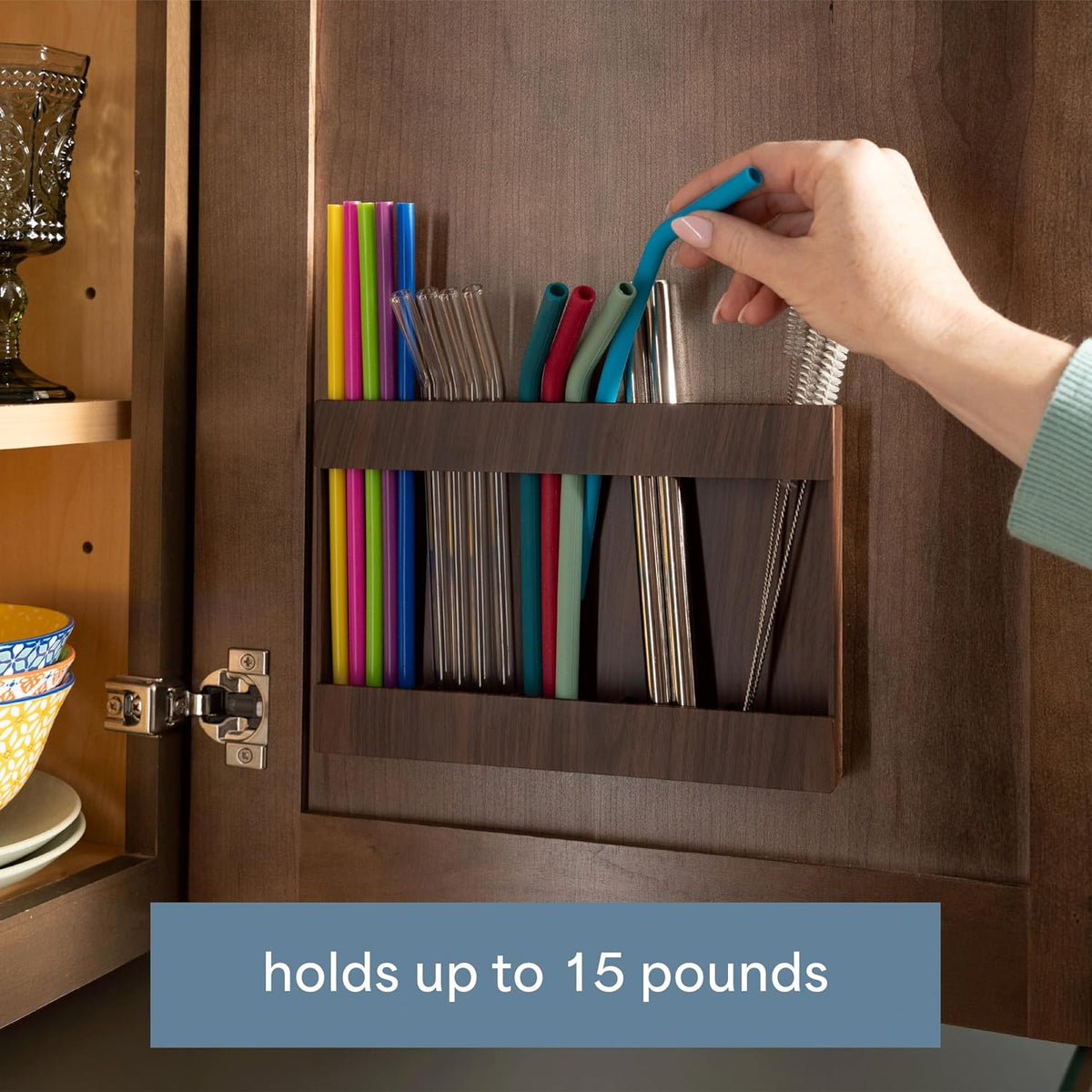 AURA Straw Holder Cabinet Organizer, 9.5" x 6.5", Plastic Bamboo