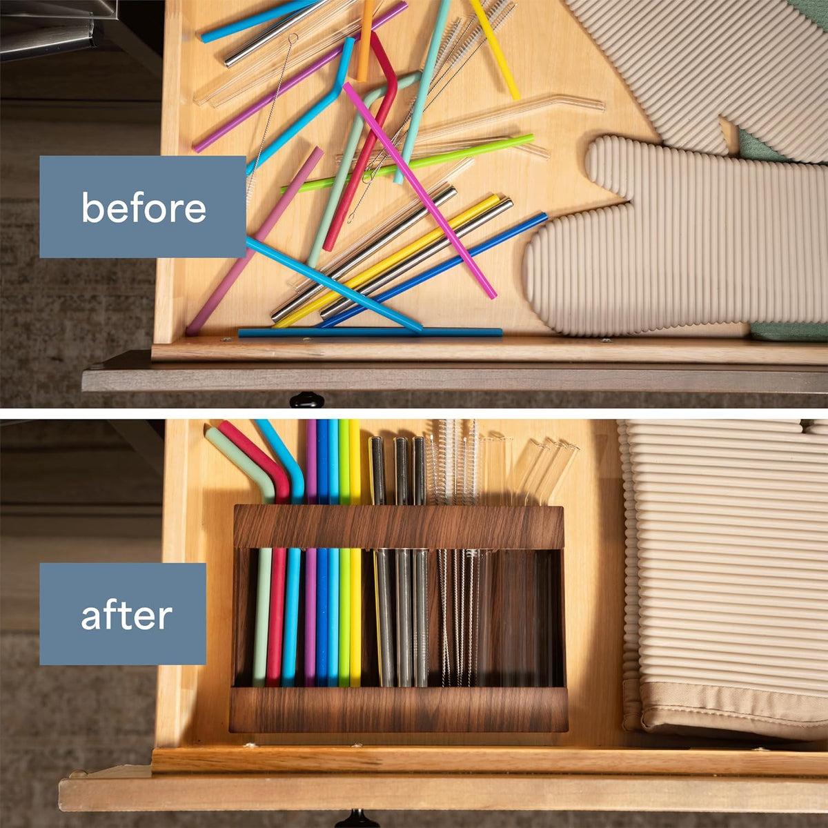 AURA Straw Holder Cabinet Organizer, 9.5" x 6.5", Plastic Bamboo