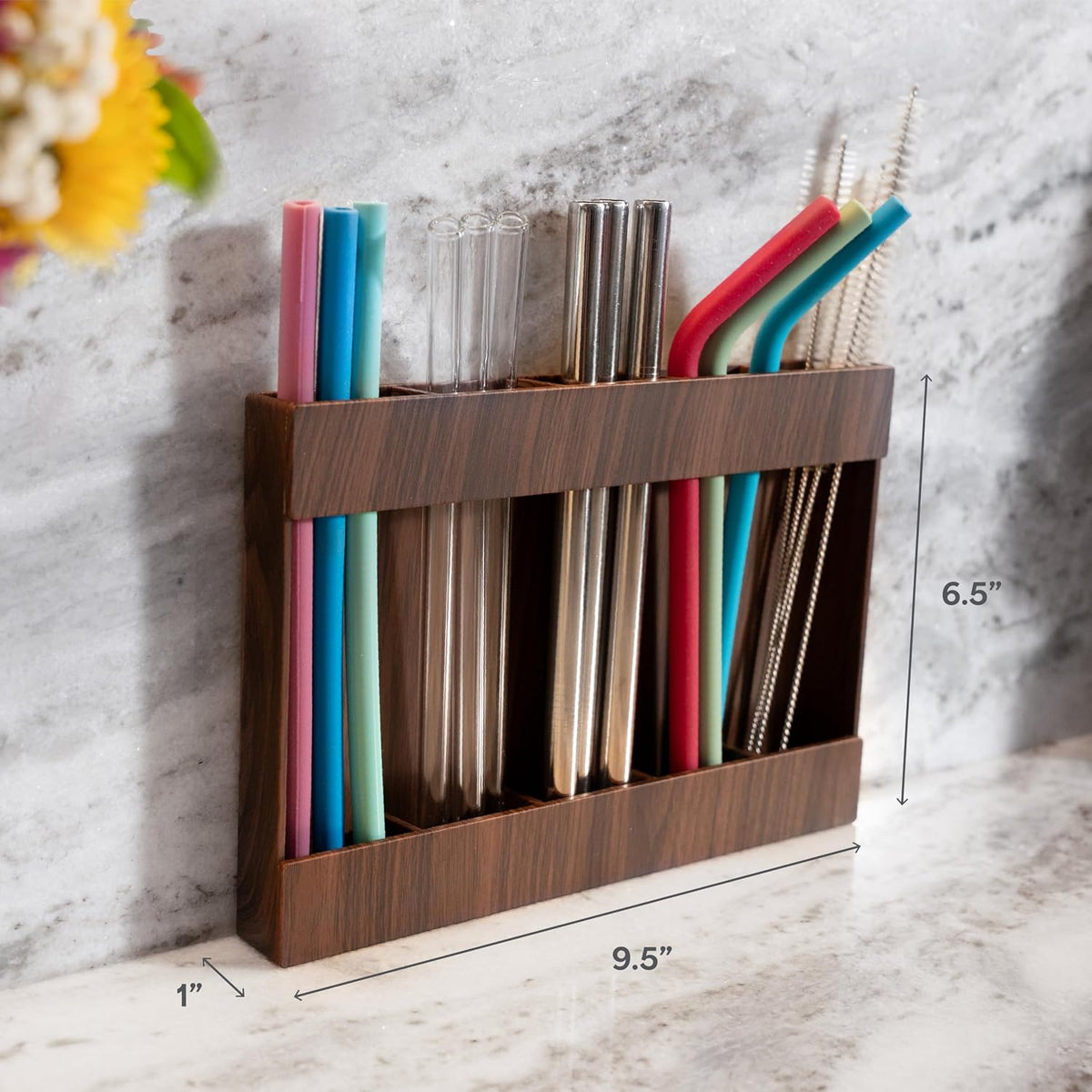 AURA Straw Holder Cabinet Organizer, 9.5" x 6.5", Plastic Bamboo