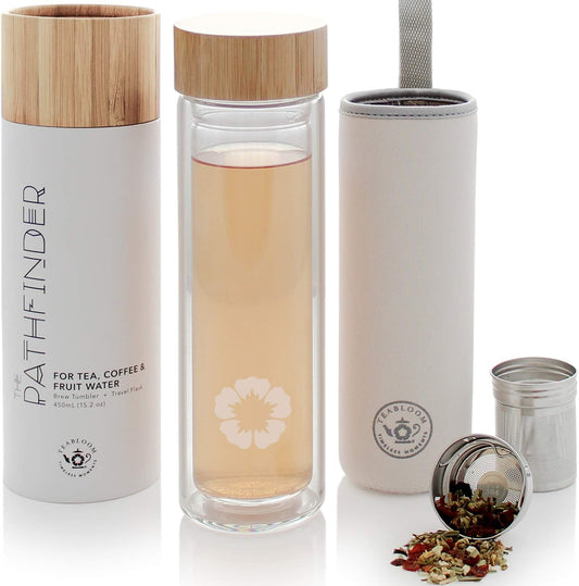 All-Beverage Tumbler – 15 oz / 450 ml – Tempered Glass Travel Bottle – Hot and Cold Tea Infuser – Cold-Brew Coffee – Fruit-Infused Water – Tea Tumbler – The Pathfinder