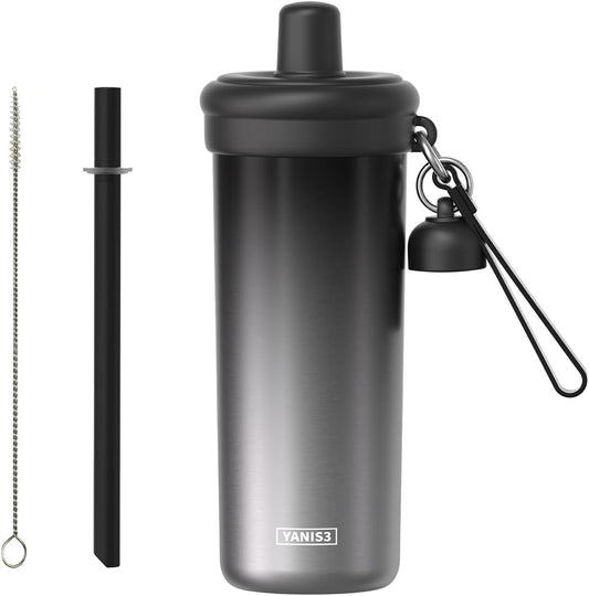 20 oz Thermo Cup with Straw, Thermal Insulated Car Cups with Hand Strap, Stainless Steel Cups with Leak-Proof Lid, Insulated Tumbler Ideal for Office, Travel and Outdoor Use (Black)