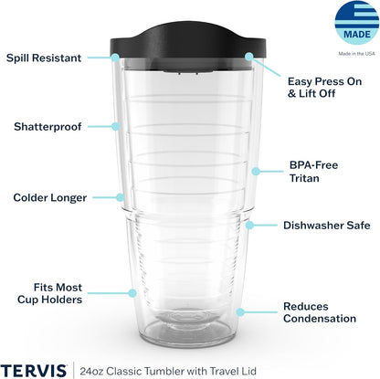 Tervis Clear & Colorful Lidded Made in USA Double Walled Insulated Tumbler Travel Cup Keeps Drinks Cold & Hot, 24oz, Black Lid, 1 Count (Pack of 1)