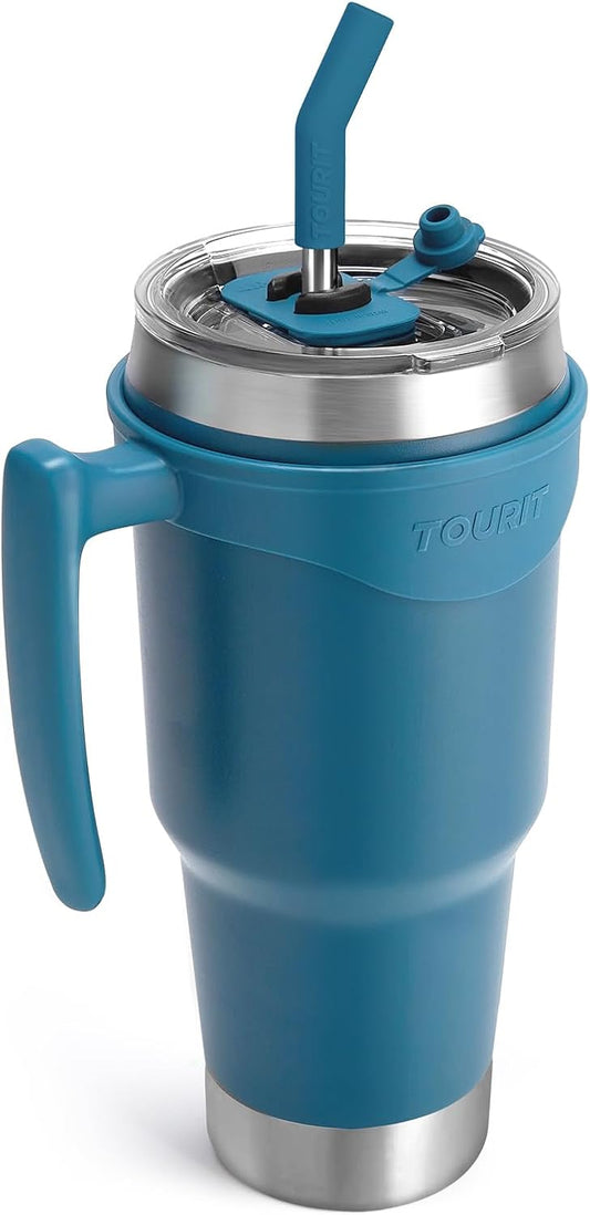 40 oz Tumbler with Handle and Straw, 3 in 1 Sip-All-Way Lid Insulated Tumblers, Reusable Stainless Steel Water Bottle for Keep Cold 34Hs or Hot 10Hs, Gifts for Women Men, Dark Green
