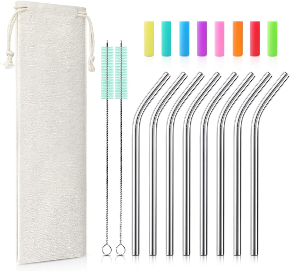 8 Pack Short Stainless Steel Straws 6 inch Bent Metal Reusable Straws with Silicone Tips and Case, Cleaning Brush and Carry Bag for Cocktail Glasses, Small Cups