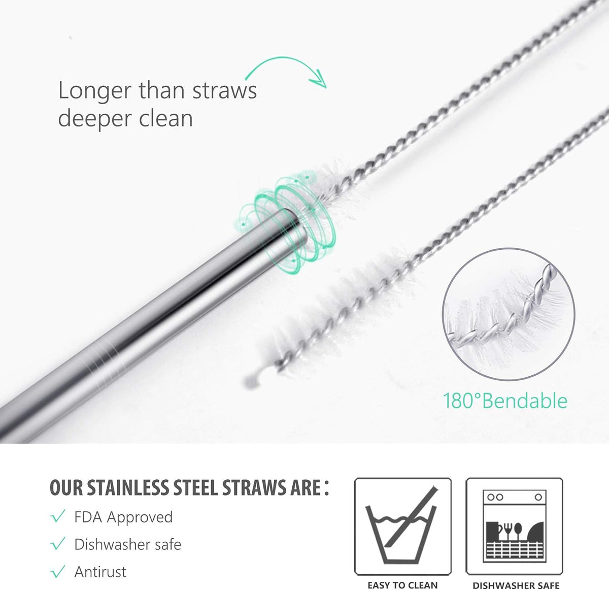 8 Pack Short Stainless Steel Straws 6 inch Bent Metal Reusable Straws with Silicone Tips and Case, Cleaning Brush and Carry Bag for Cocktail Glasses, Small Cups