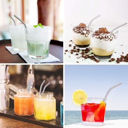8 Pack Short Stainless Steel Straws 6 inch Bent Metal Reusable Straws with Silicone Tips and Case, Cleaning Brush and Carry Bag for Cocktail Glasses, Small Cups