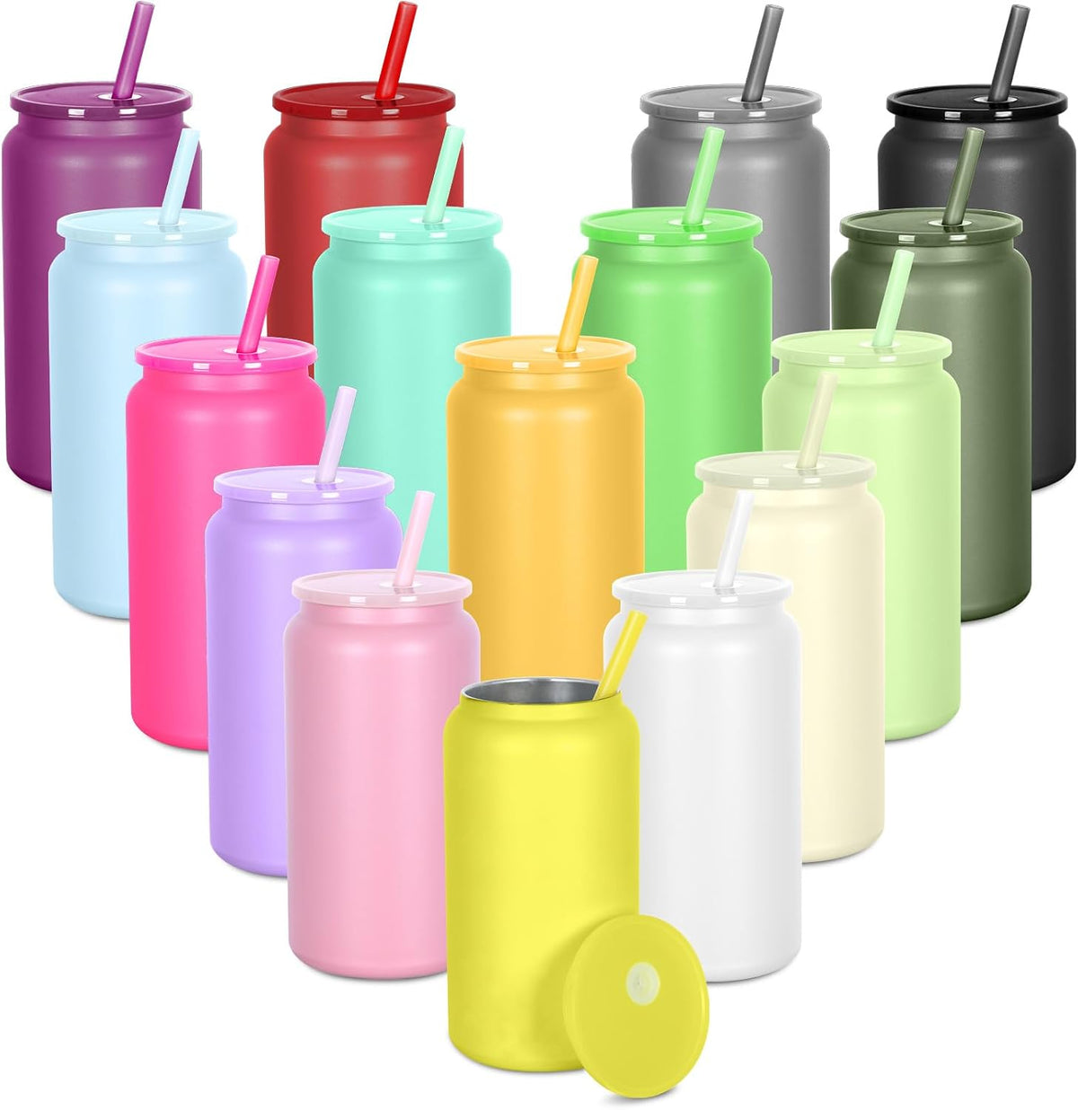 16oz Stainless Steel Can Tumblers, 16 Pack Insulated Beer Can Glass Cups with Lids and Straws, Iced Coffee Cup for Smoothie, Juice, Soda, Milk, Multiple colors
