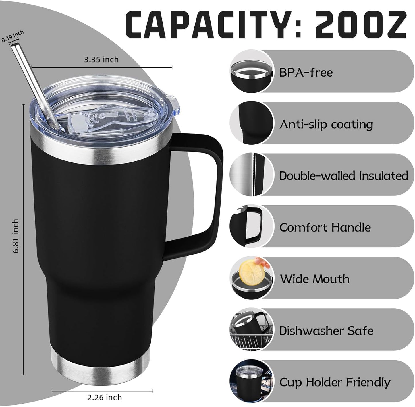 20 oz Tumbler with Handle Stainless Steel Insulated Coffee Mug Tumbler with Lid and Straw Double Wall Vacuum Insulated Coffee Mug Leak Proof Travel Mug Tumbler for Hot and Cold Drink (Black,1pack)