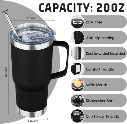 20 oz Tumbler with Handle Stainless Steel Insulated Coffee Mug Tumbler with Lid and Straw Double Wall Vacuum Insulated Coffee Mug Leak Proof Travel Mug Tumbler for Hot and Cold Drink (Black,1pack)