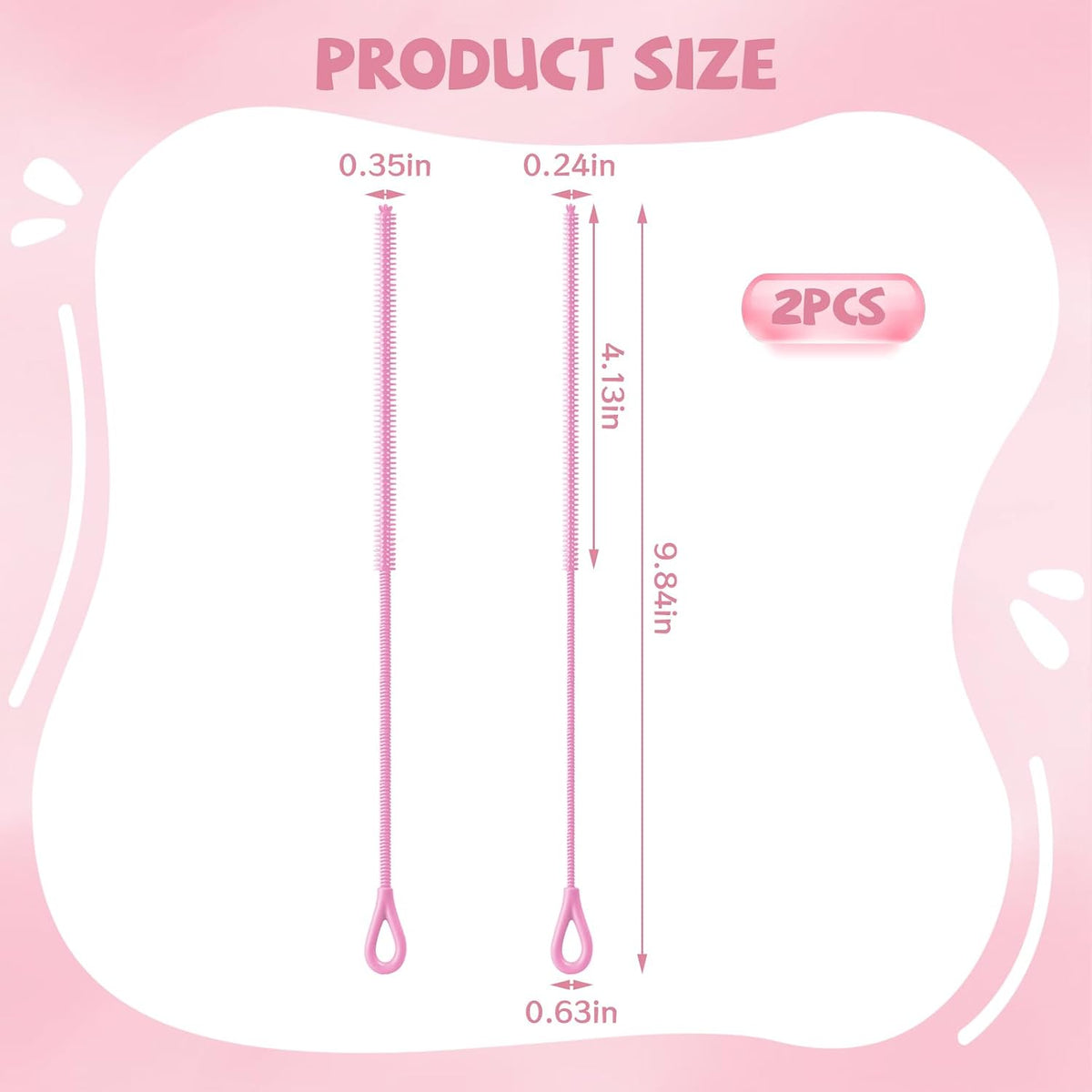 Pink Silicone Straw Cleaner Brushes,2 Pack, 0.24" & 0.35" Sizes