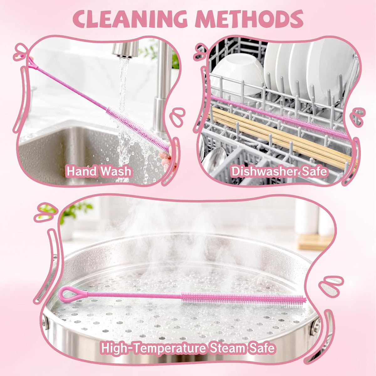 Pink Silicone Straw Cleaner Brushes,2 Pack, 0.24" & 0.35" Sizes