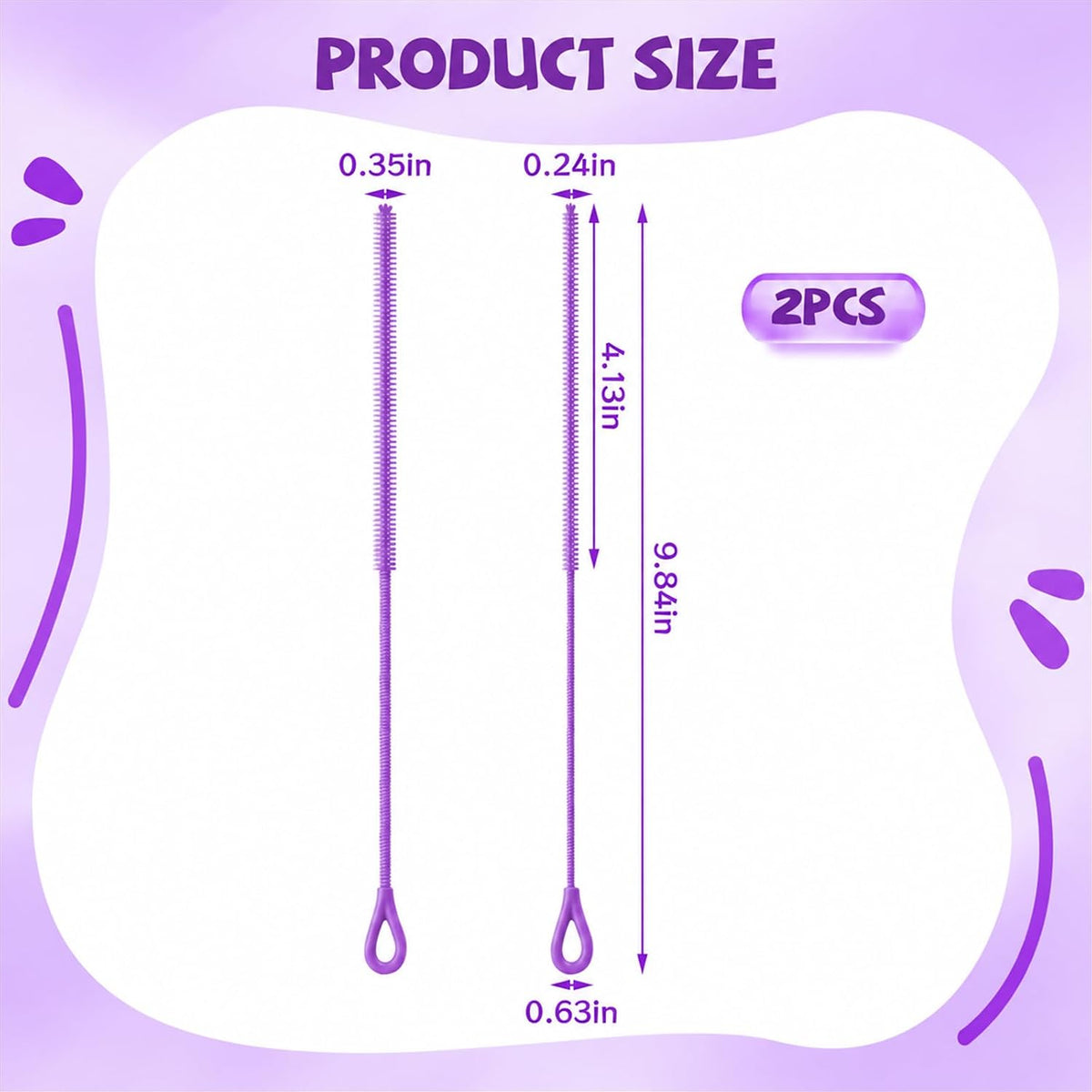 Pink Silicone Straw Cleaner Brushes,2 Pack, 0.24" & 0.35" Sizes