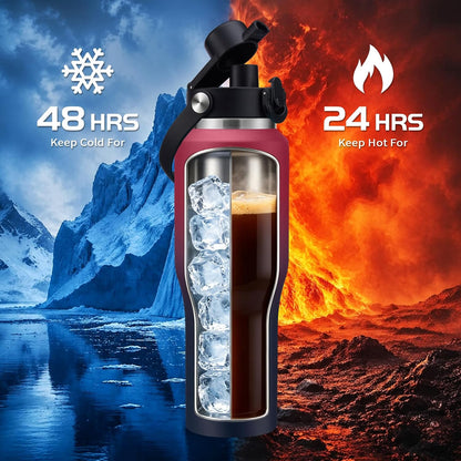 40 OZ Water-Bottle Fit Car Cup-Holder - Double Wall Vacuum Insulated Thermal with Lid and Straw, Stainless Steel Cup 40oz with Carrying Case, for Travel Drive