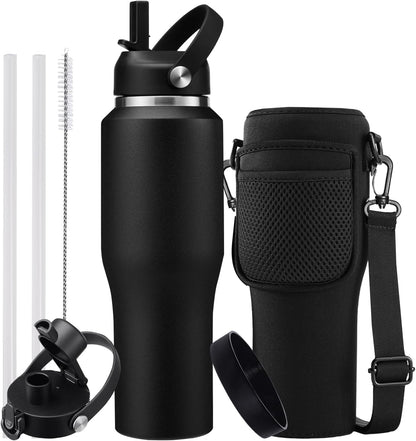 40 OZ Water-Bottle Fit Car Cup-Holder - Double Wall Vacuum Insulated Thermal with Lid and Straw, Stainless Steel Cup 40oz with Carrying Case, for Travel Drive
