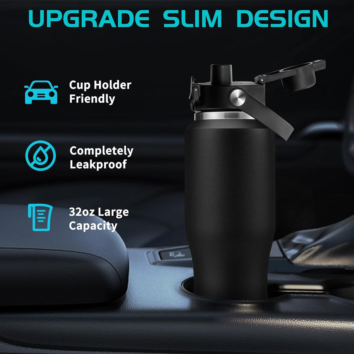 40 OZ Water-Bottle Fit Car Cup-Holder - Double Wall Vacuum Insulated Thermal with Lid and Straw, Stainless Steel Cup 40oz with Carrying Case, for Travel Drive