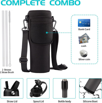 40 OZ Water-Bottle Fit Car Cup-Holder - Double Wall Vacuum Insulated Thermal with Lid and Straw, Stainless Steel Cup 40oz with Carrying Case, for Travel Drive