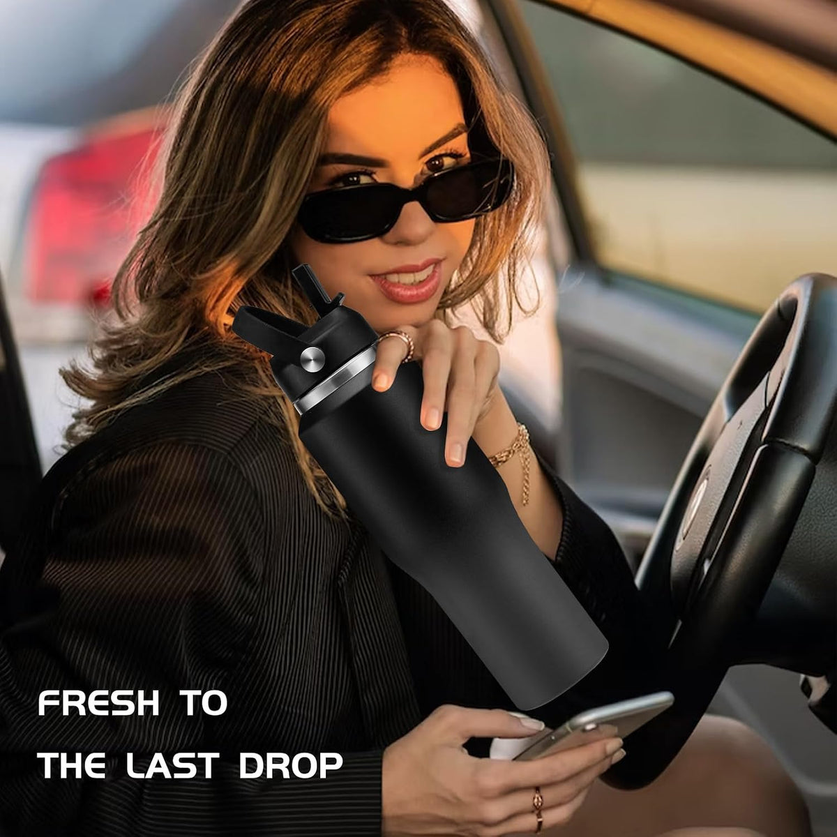 40 OZ Water-Bottle Fit Car Cup-Holder - Double Wall Vacuum Insulated Thermal with Lid and Straw, Stainless Steel Cup 40oz with Carrying Case, for Travel Drive
