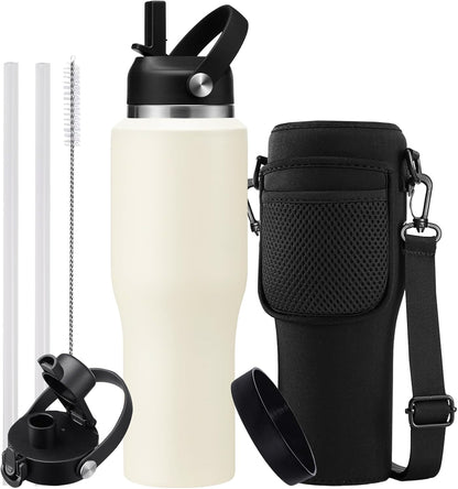 40 OZ Water-Bottle Fit Car Cup-Holder - Double Wall Vacuum Insulated Thermal with Lid and Straw, Stainless Steel Cup 40oz with Carrying Case, for Travel Drive