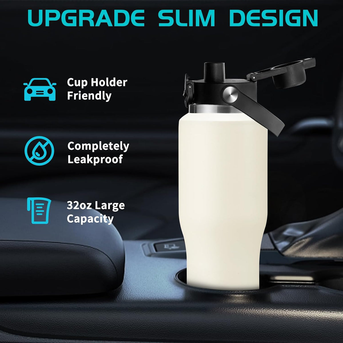 40 OZ Water-Bottle Fit Car Cup-Holder - Double Wall Vacuum Insulated Thermal with Lid and Straw, Stainless Steel Cup 40oz with Carrying Case, for Travel Drive