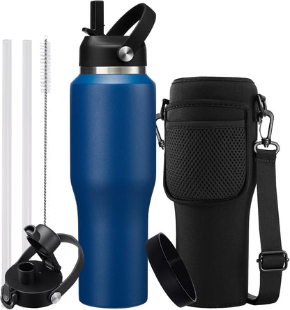40 OZ Water-Bottle Fit Car Cup-Holder - Double Wall Vacuum Insulated Thermal with Lid and Straw, Stainless Steel Cup 40oz with Carrying Case, for Travel Drive