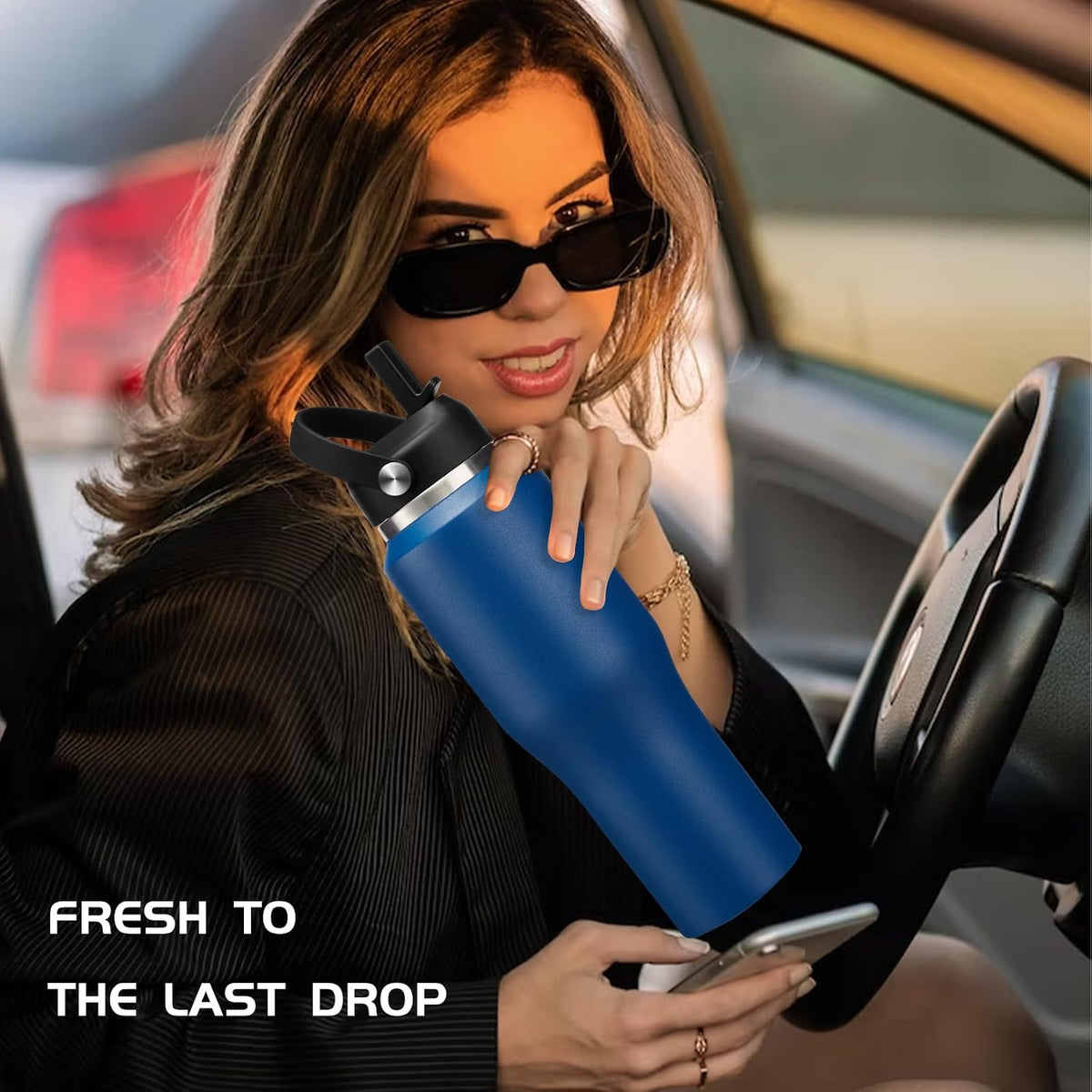 40 OZ Water-Bottle Fit Car Cup-Holder - Double Wall Vacuum Insulated Thermal with Lid and Straw, Stainless Steel Cup 40oz with Carrying Case, for Travel Drive