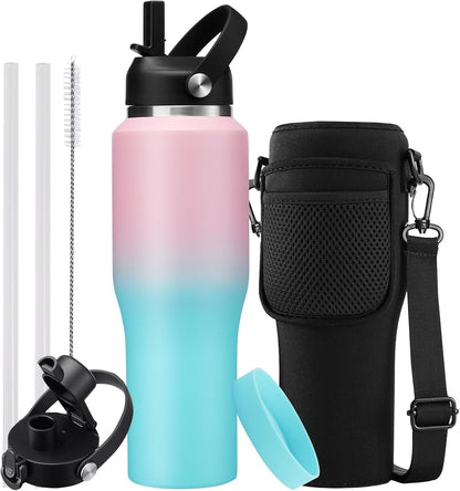 40 OZ Water-Bottle Fit Car Cup-Holder - Double Wall Vacuum Insulated Thermal with Lid and Straw, Stainless Steel Cup 40oz with Carrying Case, for Travel Drive
