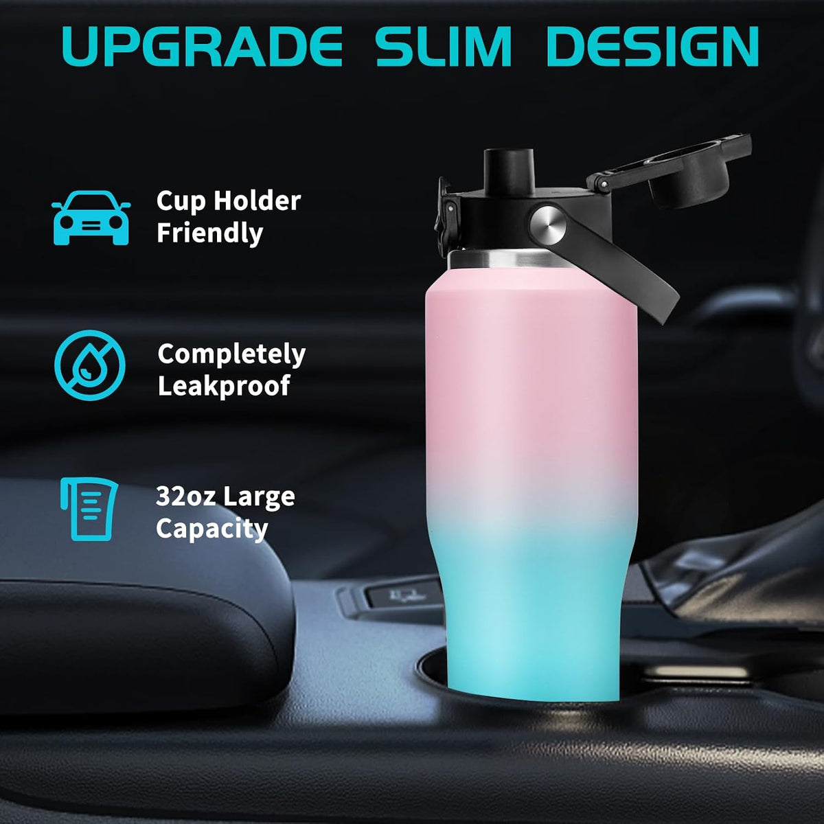 40 OZ Water-Bottle Fit Car Cup-Holder - Double Wall Vacuum Insulated Thermal with Lid and Straw, Stainless Steel Cup 40oz with Carrying Case, for Travel Drive